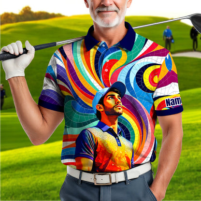 HomyGifts Men's Customized Face Artistic Golf Polo Shirt, Mosaic Art Style, Unique Personalized Golf Polo For Men Style 4
