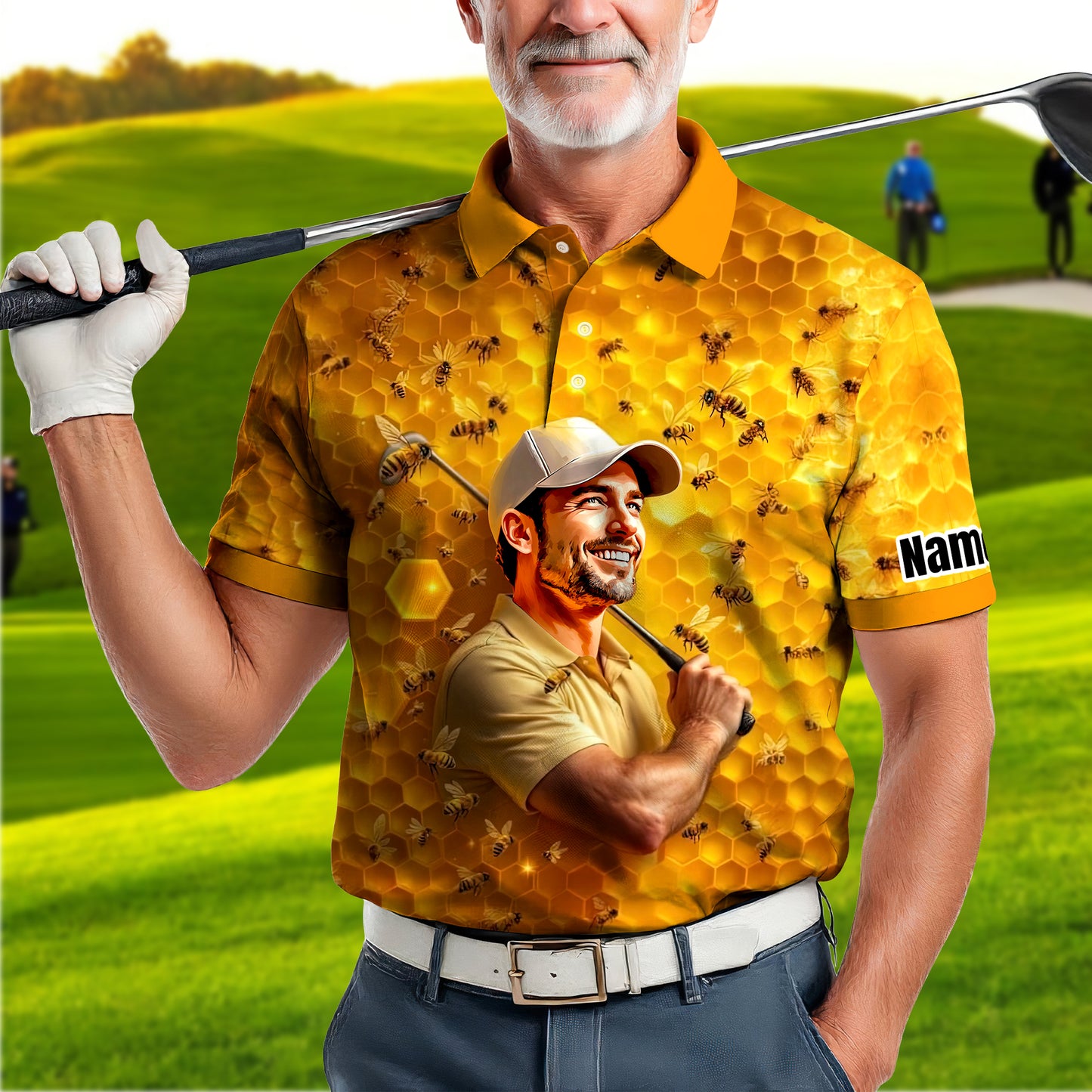 HomyGifts Men's Customized Face Artistic Golf Polo Shirt, Personalized Bee & Honeycomb Polo Shirt with Face, Funny Honey Lover Outfit, Summer Polo for Men Style 5