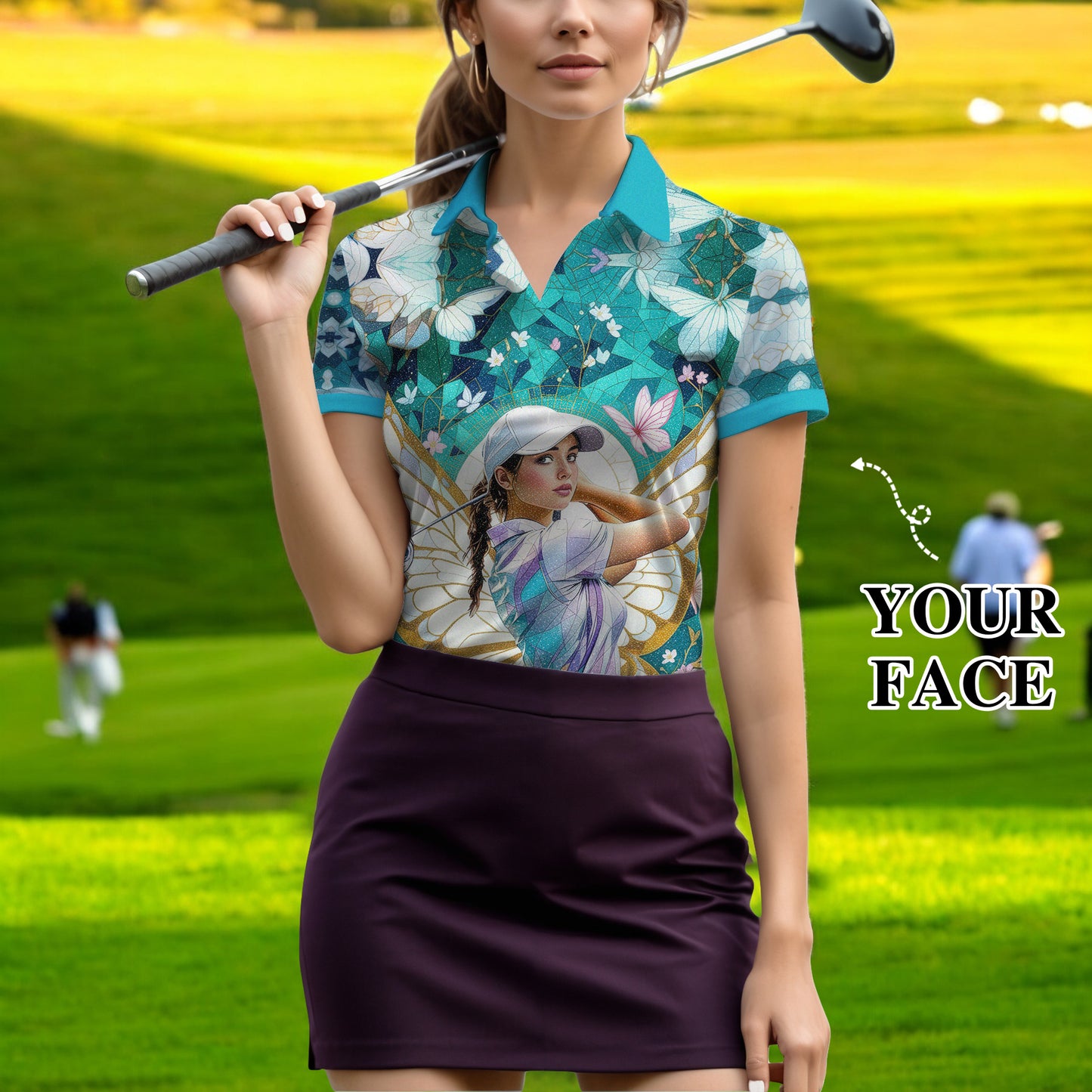 Custom Face Women’s Golf Polo Shirt – Spring Butterfly Mirage Art | Personalized Floral Fantasy Sports Shirt for Golfers Style 7