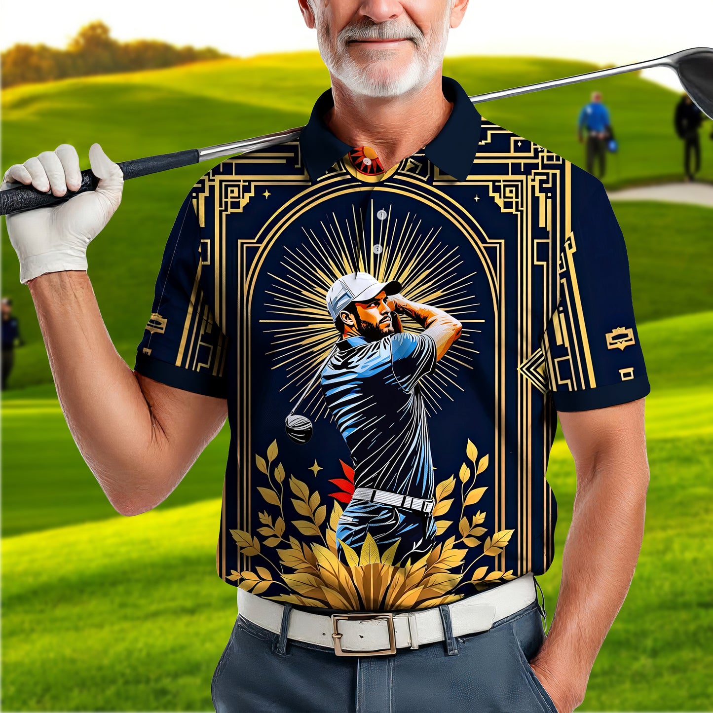 Custom Face Golf Polo Shirt – Swing in Gold Art Deco Revival Style | Personalized Golf Shirt for Men Style 5