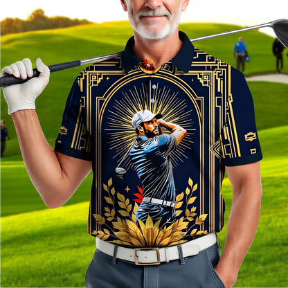 Custom Face Golf Polo Shirt – Swing in Gold Art Deco Revival Style | Personalized Golf Shirt for Men Style 5