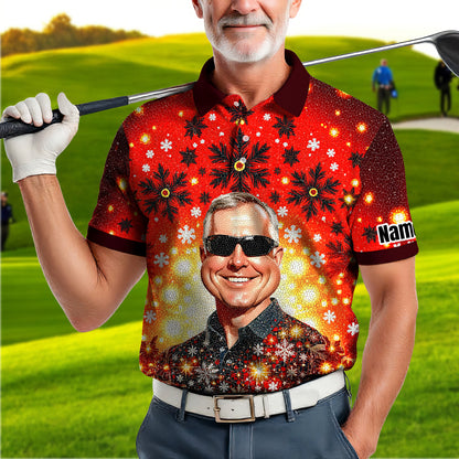 Custom Face Golf Polo Shirt – Personalized Christmas Golf Shirt for Him, Unique Holiday Gift for Golfer, Snowflake Mosaic Art Design Golf Apparel Style 13.2