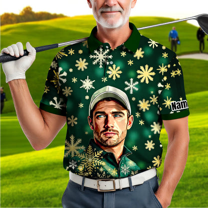 Custom Face Golf Polo Shirt – Personalized Christmas Golf Shirt for Him, Unique Holiday Gift for Golfer, Snowflake Design Golf Apparel Style 20
