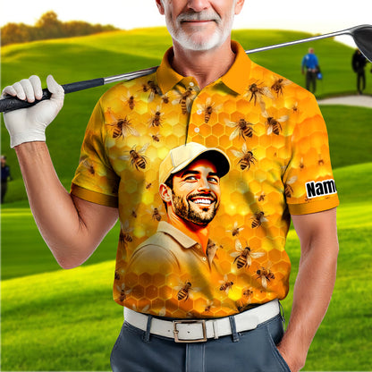 HomyGifts Men's Customized Face Artistic Golf Polo Shirt, Personalized Bee & Honeycomb Polo Shirt with Face, Funny Honey Lover Outfit, Summer Polo for Men Style 6