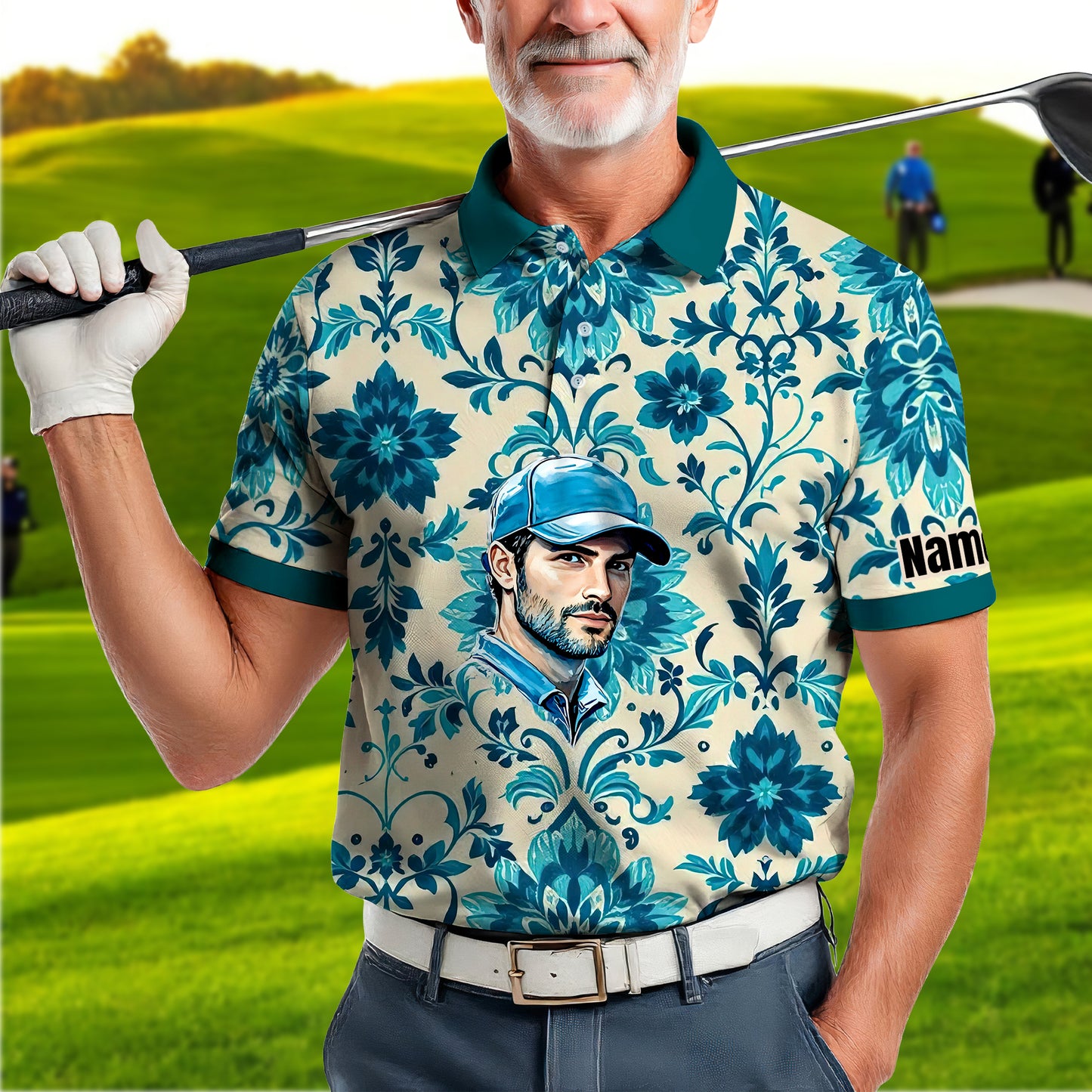 Custom Retro Pattern Art Polo Shirt – Personalized Face & Name | Vintage Floral Pattern Collared Shirt for Men Style 2
