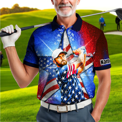 Custom Face Patriotic Golf Polo Shirt – Personalized USA Flag Design – American Pride Gift for Him – Mosaic Art Golf Shirt Style 2