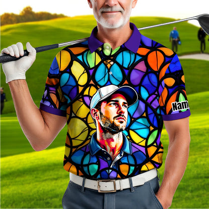 Custom Face Golf Polo Shirt – Personalized Stained Glass Art Shirt, Unique Golf Gift for Him, Colorful Abstract Golf Polo, Custom Sportswear