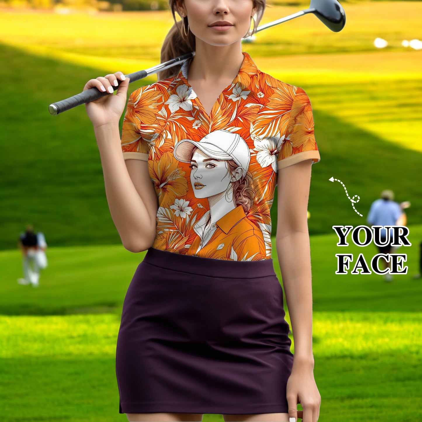 Women’s Custom Face Hibiscus Polo Shirt – Personalized Tropical Floral Polo, Unique Gift for Her, Stylish Custom Golf & Casual Wear Style 3