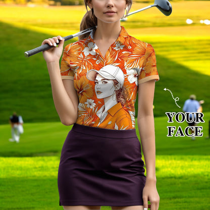 Women’s Custom Face Hibiscus Polo Shirt – Personalized Tropical Floral Polo, Unique Gift for Her, Stylish Custom Golf & Casual Wear Style 3