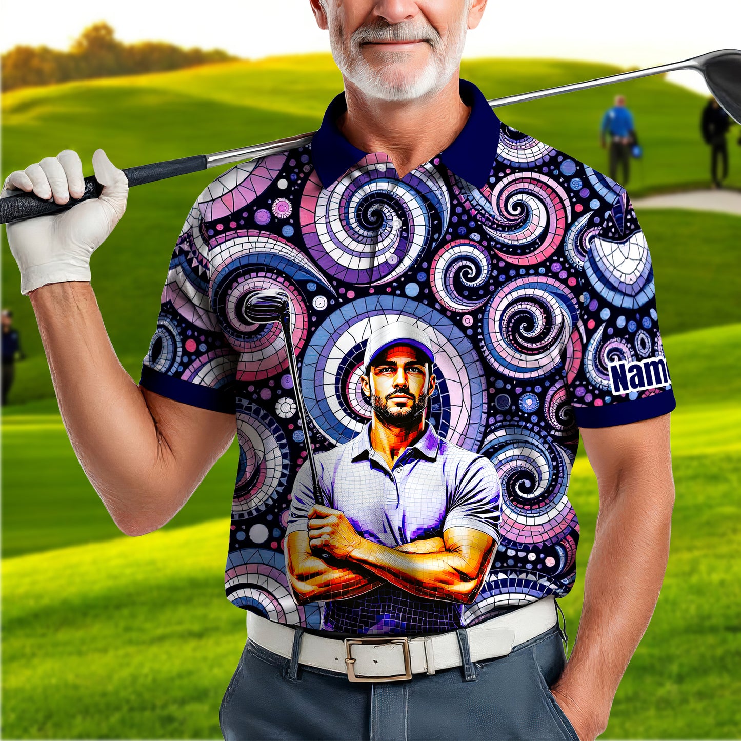 HomyGifts Men's Customized Face Artistic Golf Polo Shirt, Mosaic Art Style, Unique Personalized Golf Polo For Men Style 6
