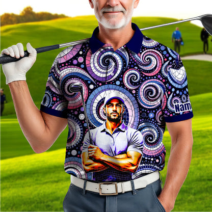 HomyGifts Men's Customized Face Artistic Golf Polo Shirt, Mosaic Art Style, Unique Personalized Golf Polo For Men Style 6