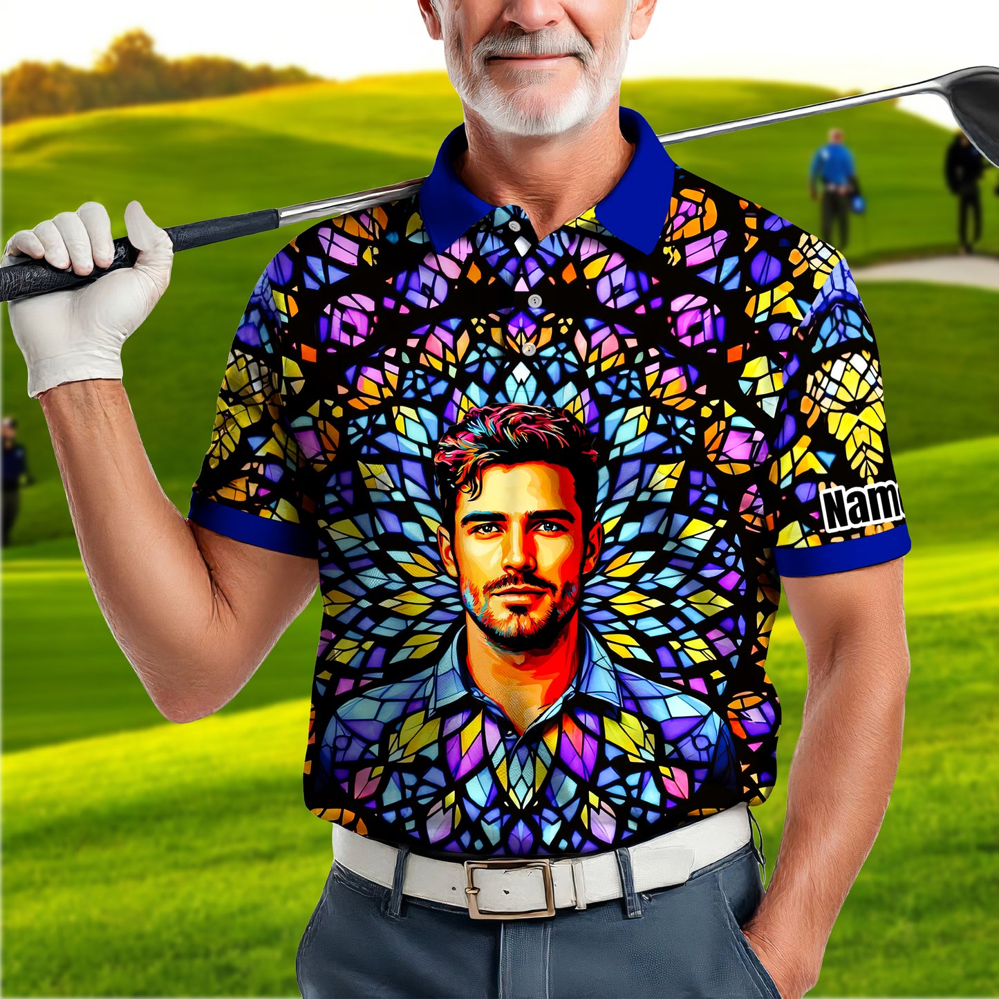 Custom Face Golf Polo Shirt – Personalized Stained Glass Mandala Style Polo, Unique Gift for Men & Women, Vibrant Artistic Golf Shirt, Custom Photo Polo