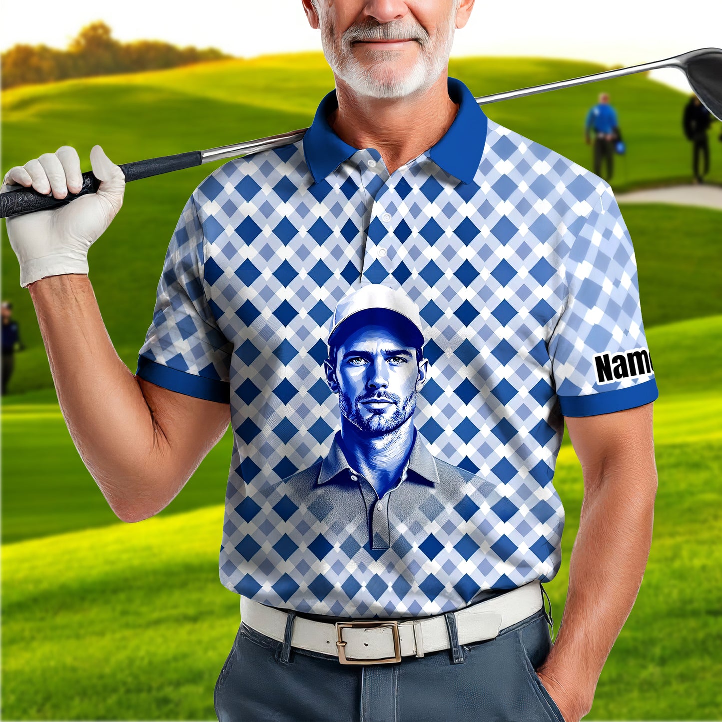 Custom Face Polo Shirt – Geometric Diamond Pattern | Personalized Photo Golf Polo | Unique Gift for Him, Retro Geometric Style Shirt Style 3