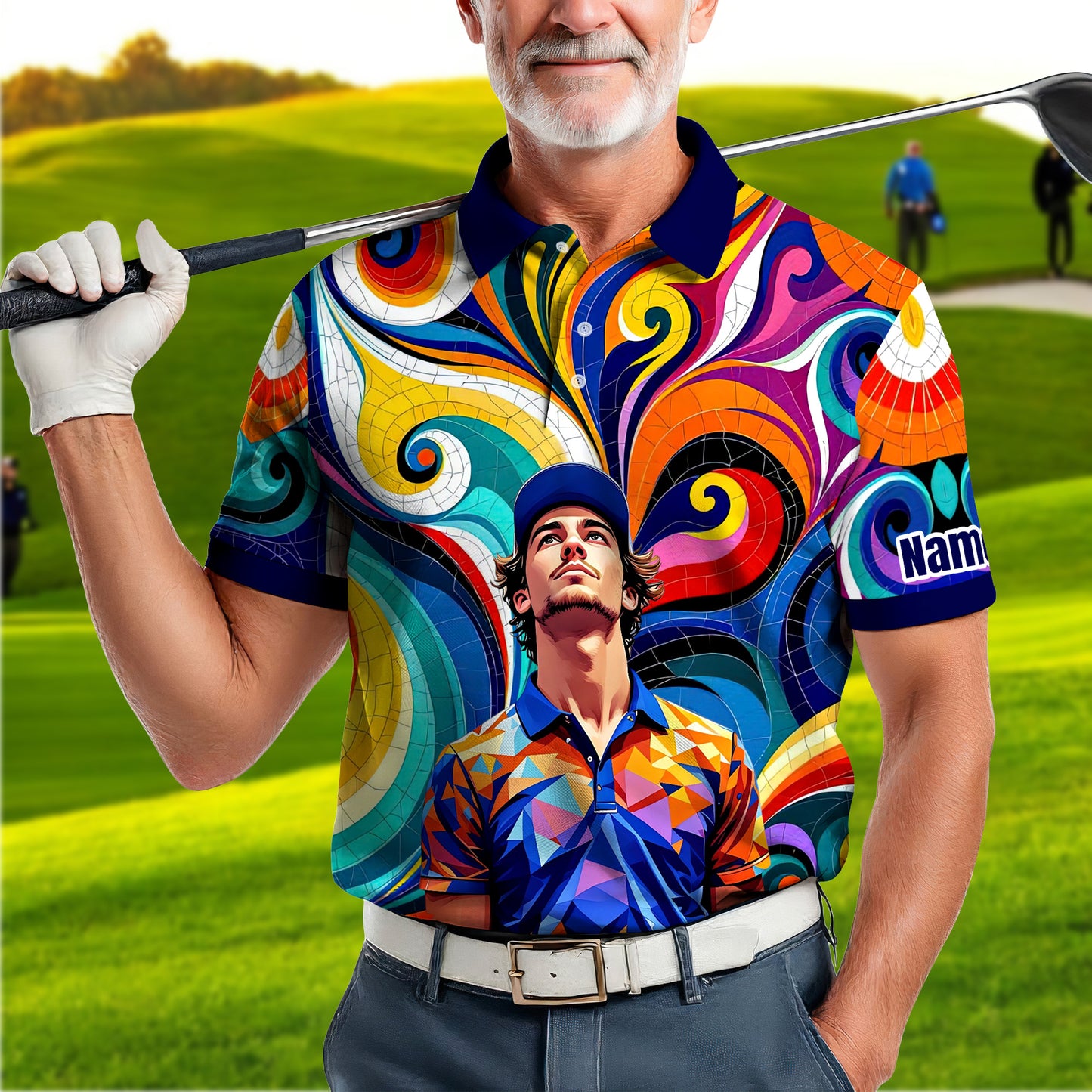 HomyGifts Men's Customized Face Artistic Golf Polo Shirt, Mosaic Art Style, Unique Personalized Golf Polo For Men Style 3
