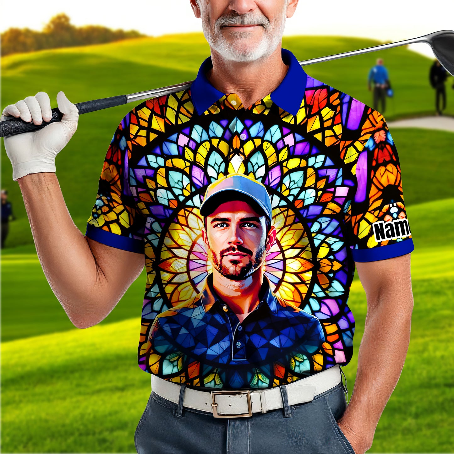 Custom Face Golf Polo Shirt – Personalized Stained Glass Mandala Style Polo, Unique Gift for Men & Women, Vibrant Artistic Golf Shirt, Custom Photo Polo
