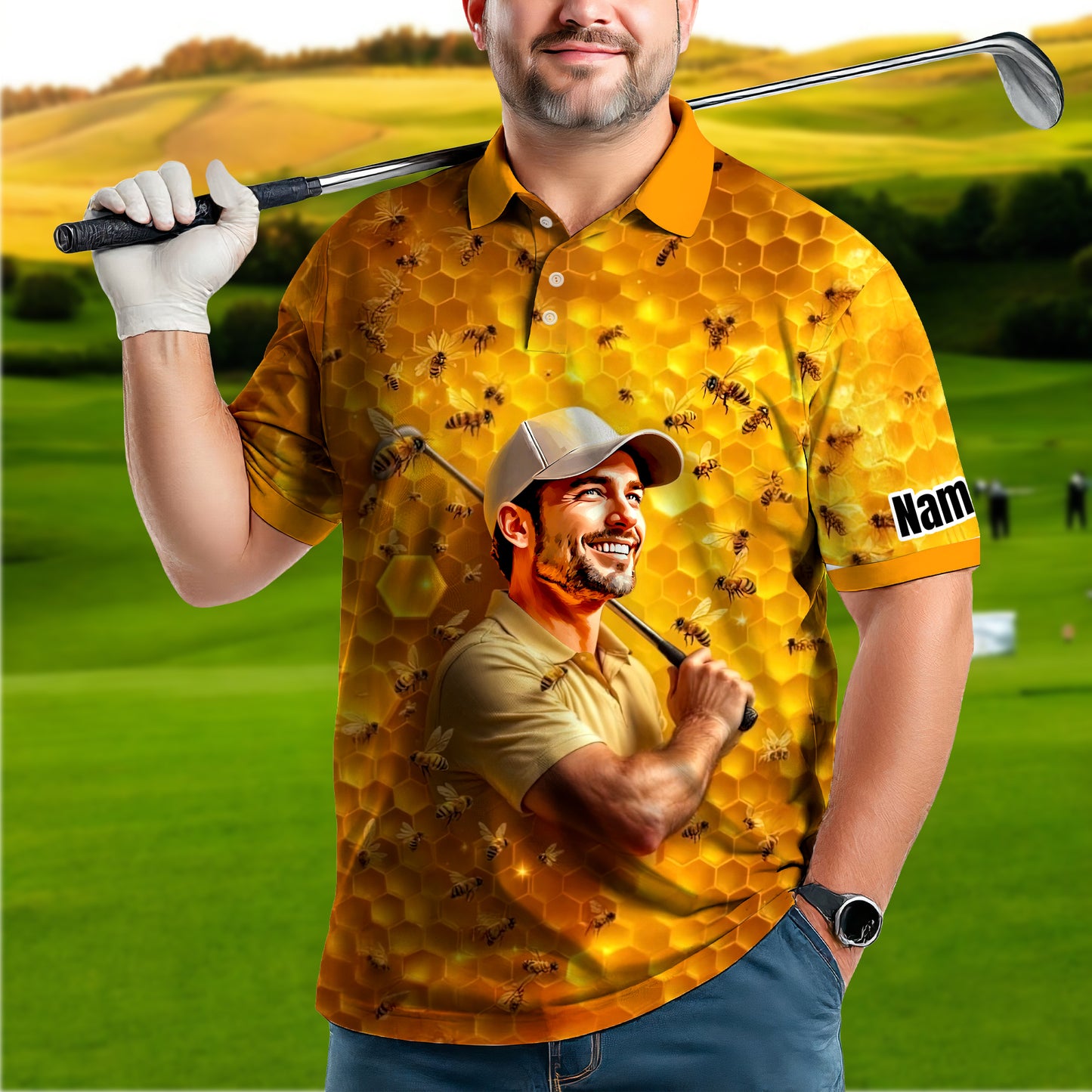 HomyGifts Men's Customized Face Artistic Golf Polo Shirt, Personalized Bee & Honeycomb Polo Shirt with Face, Funny Honey Lover Outfit, Summer Polo for Men Style 5