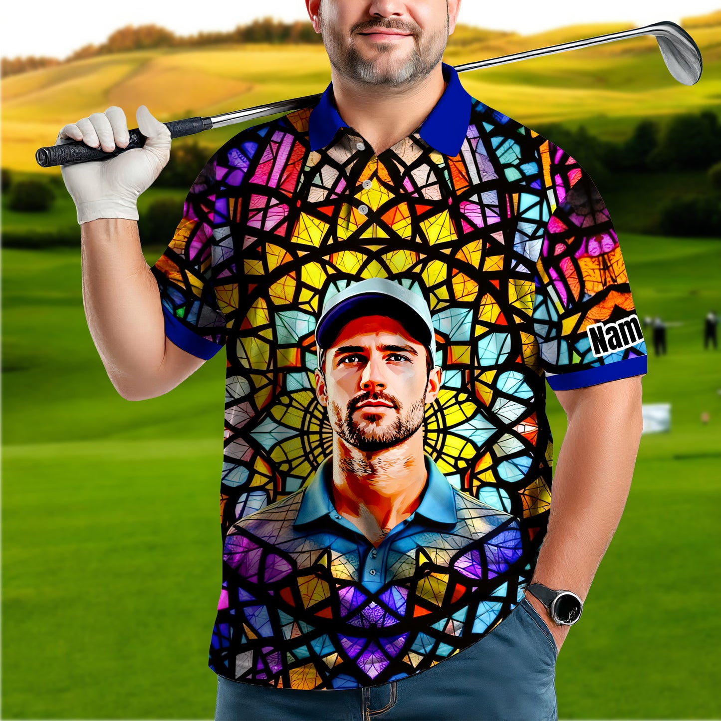 Custom Face Golf Polo Shirt – Personalized Stained Glass Mandala Style Polo, Unique Gift for Men & Women, Vibrant Artistic Golf Shirt, Custom Photo Polo