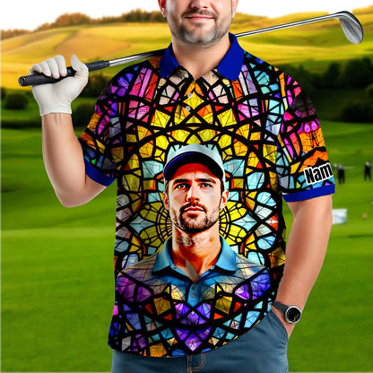 Custom Face Golf Polo Shirt – Personalized Stained Glass Mandala Style Polo, Unique Gift for Men & Women, Vibrant Artistic Golf Shirt, Custom Photo Polo