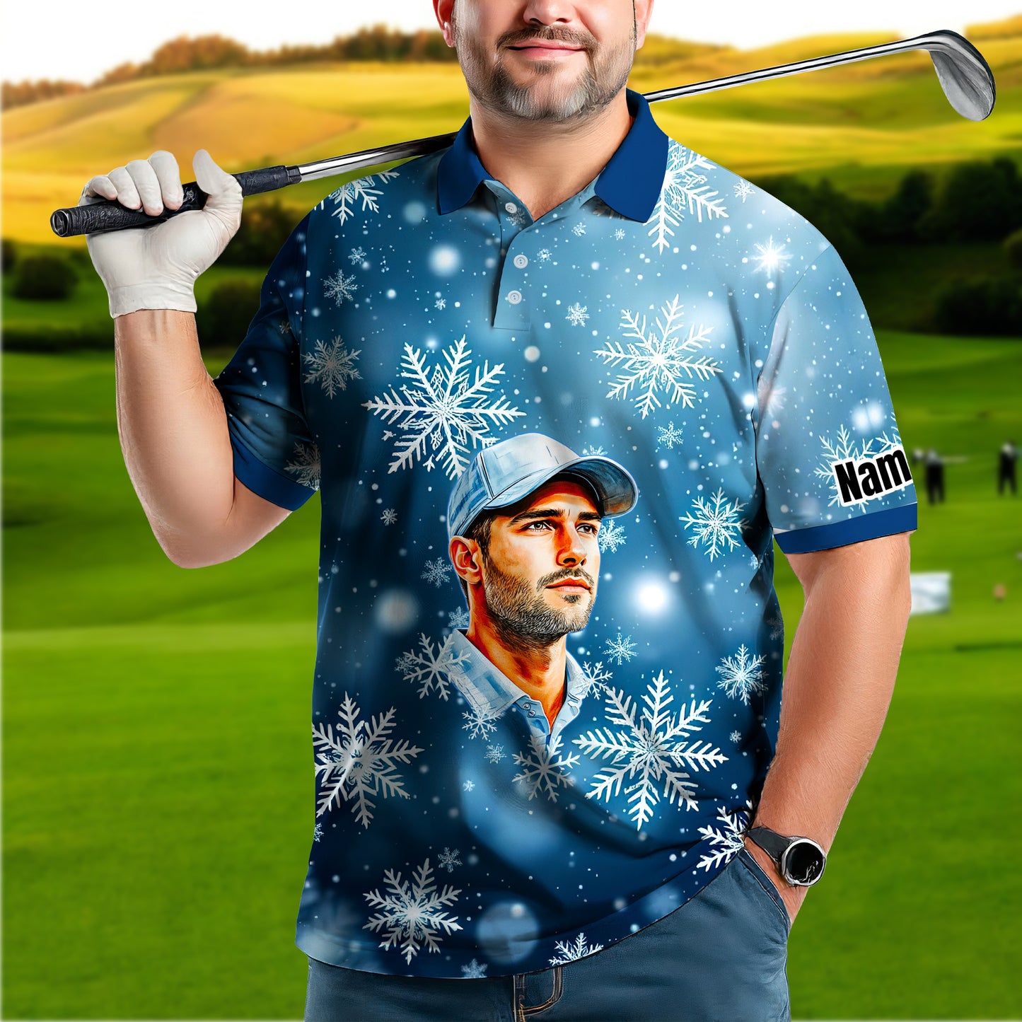 Custom Face Golf Polo Shirt – Personalized Christmas Golf Shirt for Him, Unique Holiday Gift for Golfer, Snowflake Design Golf Apparel Style 5