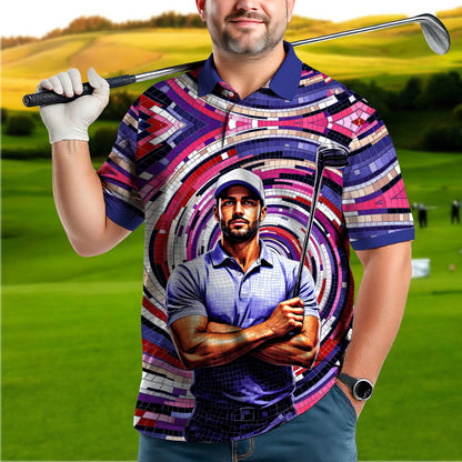 Men's Custom Face Artistic Golf Polo Shirt, Mosaic Art Style, Unique Personalized Golf Polo For Men Style 8