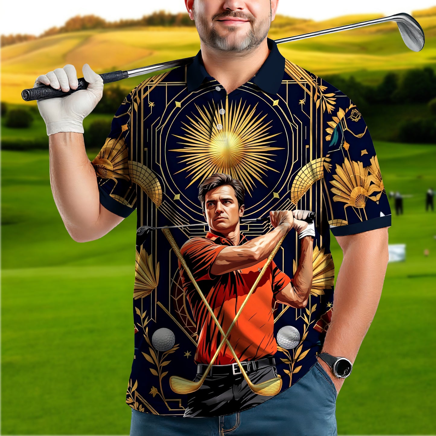 Custom Face Golf Polo Shirt – Swing in Gold Art Deco Revival Style | Personalized Golf Shirt for Men Style 7