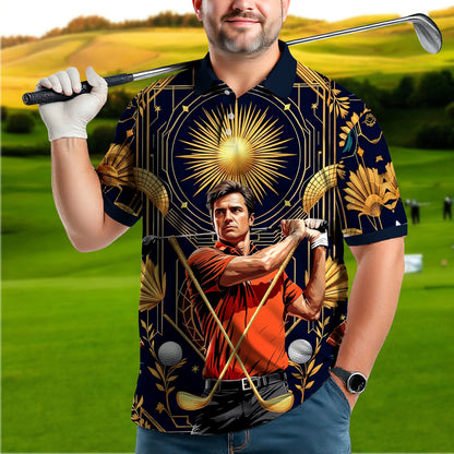 Custom Face Golf Polo Shirt – Swing in Gold Art Deco Revival Style | Personalized Golf Shirt for Men Style 7
