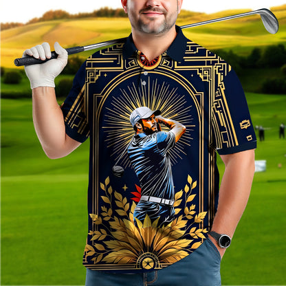 Custom Face Golf Polo Shirt – Swing in Gold Art Deco Revival Style | Personalized Golf Shirt for Men Style 5