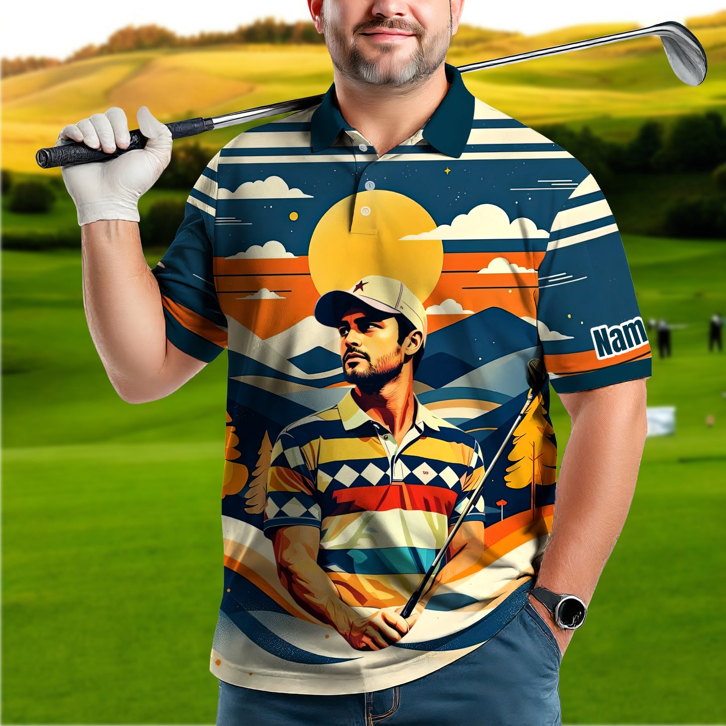 Custom Vintage Americana Golf Polo with Your Face - Retro Personalized Gift for Men Style 6