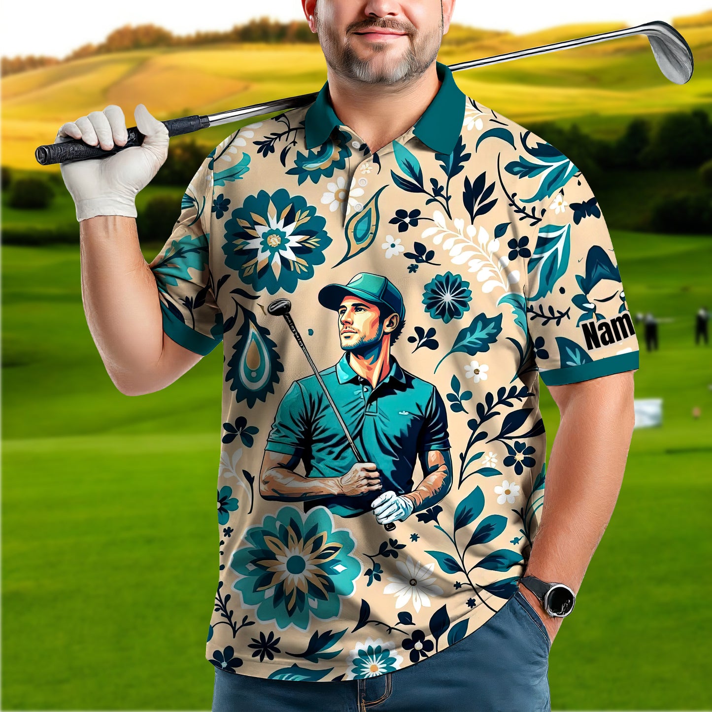 Custom Retro Pattern Art Polo Shirt – Personalized Face & Name | Vintage Floral Pattern Collared Shirt for Men Style 3