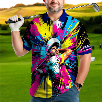 HomyGifts Men's Customized Face Artistic Golf Polo Shirt, Personalized Pop Art Golf Polo, Portrait Gift for Golfers Style 8