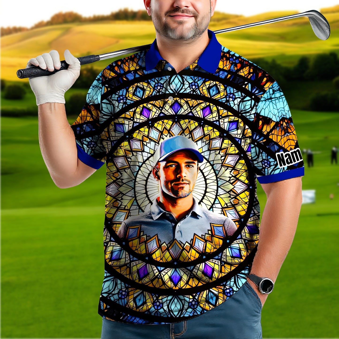 Custom Face Golf Polo Shirt – Personalized Stained Glass Mandala Style Polo, Unique Gift for Men & Women, Vibrant Artistic Golf Shirt, Custom Photo Polo