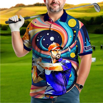 HomyGifts Men's Customized Face Artistic Golf Polo Shirt, Mosaic Art Style, Unique Personalized Golf Polo For Men Style 17