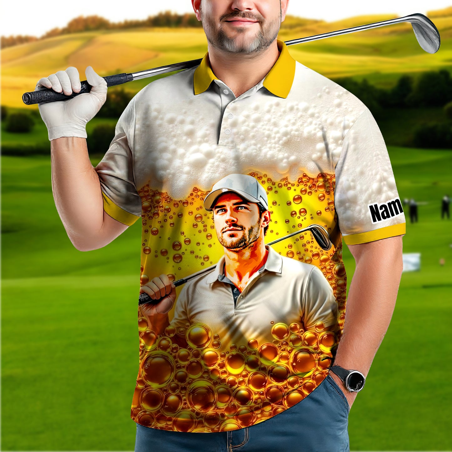 HomyGifts Men's Customized Face Artistic Golf Polo Shirt, Beer pattern Design, Special Gift for Beer & Golf Lovers, Summer Party Outfit, Unique Gift for Men Style 3