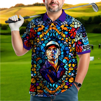 Custom Face Golf Polo Shirt – Personalized Stained Glass Art Shirt, Unique Golf Gift for Him, Colorful Abstract Golf Polo, Custom Sportswear