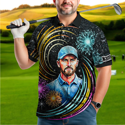 Custom Face Golf Polo Shirt – New Year Fireworks Edition | Personalized Golf Polo | Unique Holiday Gift for Him 2025 Style 7