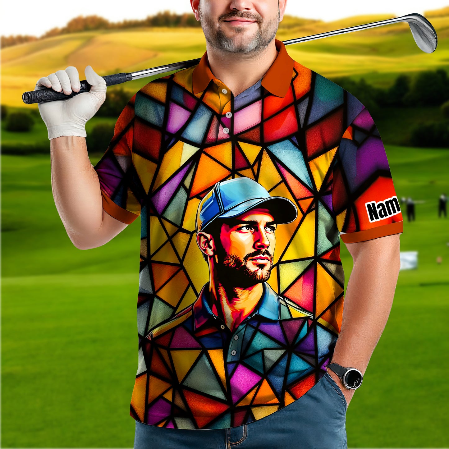 HomyGifts Men's Customized Face Artistic Golf Polo Shirt, Angular Geometric Glass Pattern, Stained-Glass Mosaic Print, Personalized Sublimation Golf Shirt, Vibrant Geometric Portrait Tee