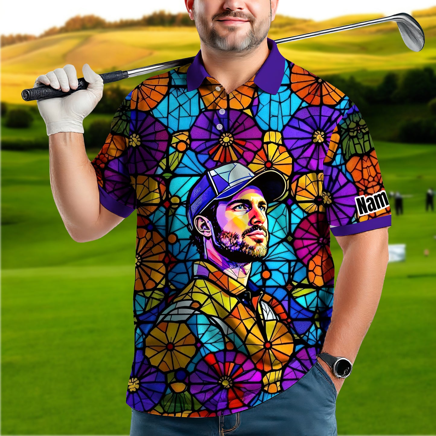 Custom Face Golf Polo Shirt – Personalized Stained Glass Art Shirt, Unique Golf Gift for Him, Colorful Abstract Golf Polo, Custom Sportswear