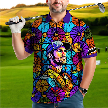 Custom Face Golf Polo Shirt – Personalized Stained Glass Art Shirt, Unique Golf Gift for Him, Colorful Abstract Golf Polo, Custom Sportswear