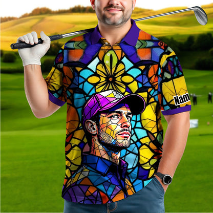 Custom Face Golf Polo Shirt – Personalized Stained Glass Art Shirt, Unique Golf Gift for Him, Colorful Abstract Golf Polo, Custom Sportswear
