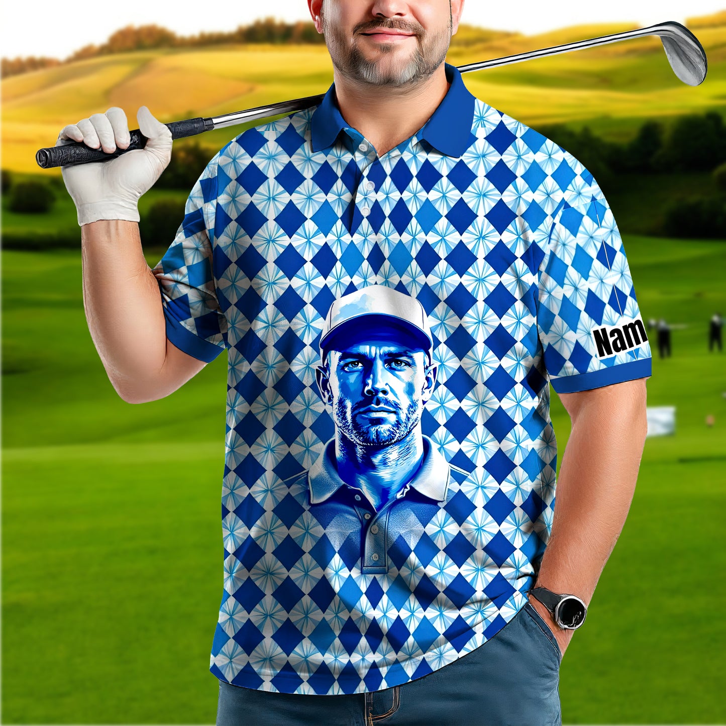 Custom Face Polo Shirt – Geometric Diamond Pattern | Personalized Photo Golf Polo | Unique Gift for Him, Retro Geometric Style Shirt Style 13
