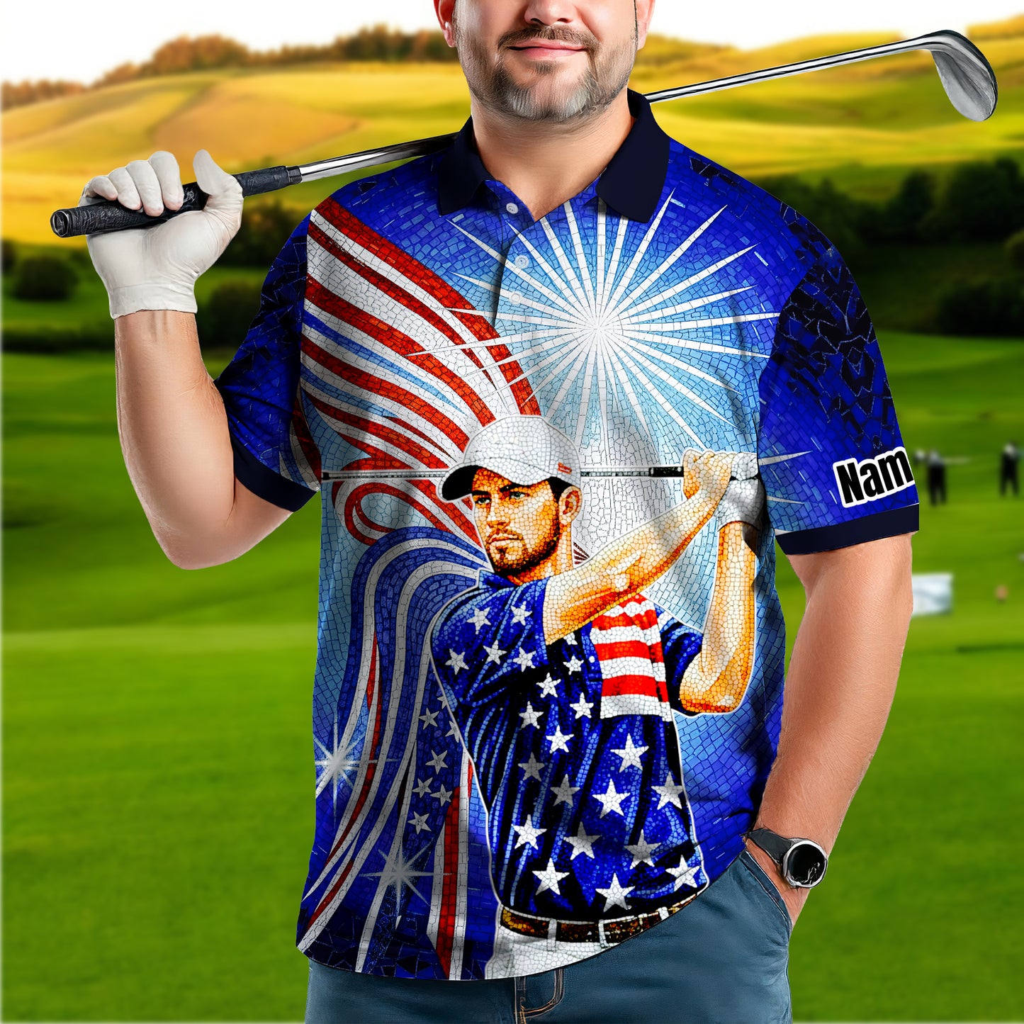 Custom Face Patriotic Golf Polo Shirt – Personalized USA Flag Design – American Pride Gift for Him – Mosaic Art Golf Shirt Style 5