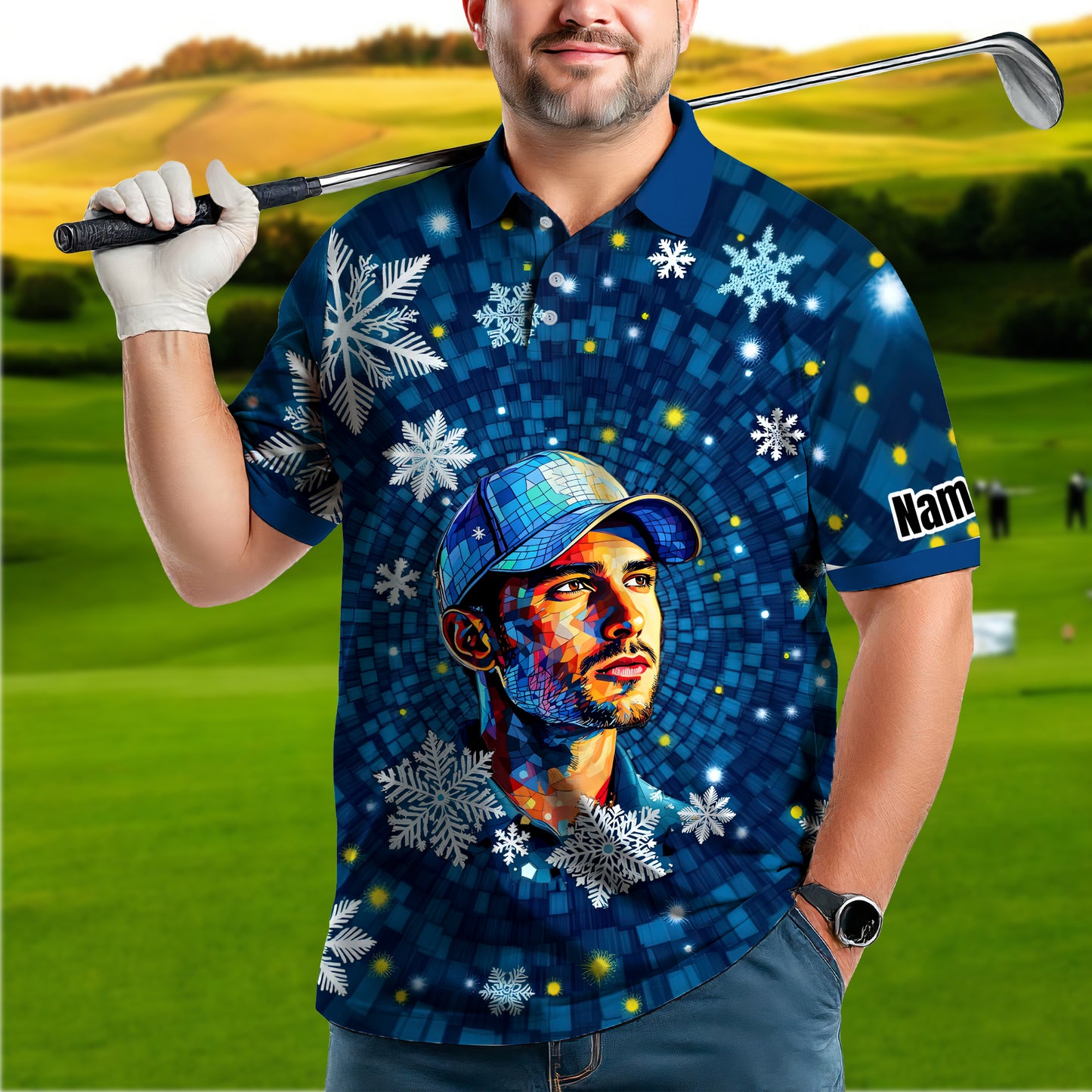 Custom Face Golf Polo Shirt – Personalized Christmas Golf Shirt for Him, Unique Holiday Gift for Golfer, Snowflake Design Golf Apparel Style 7