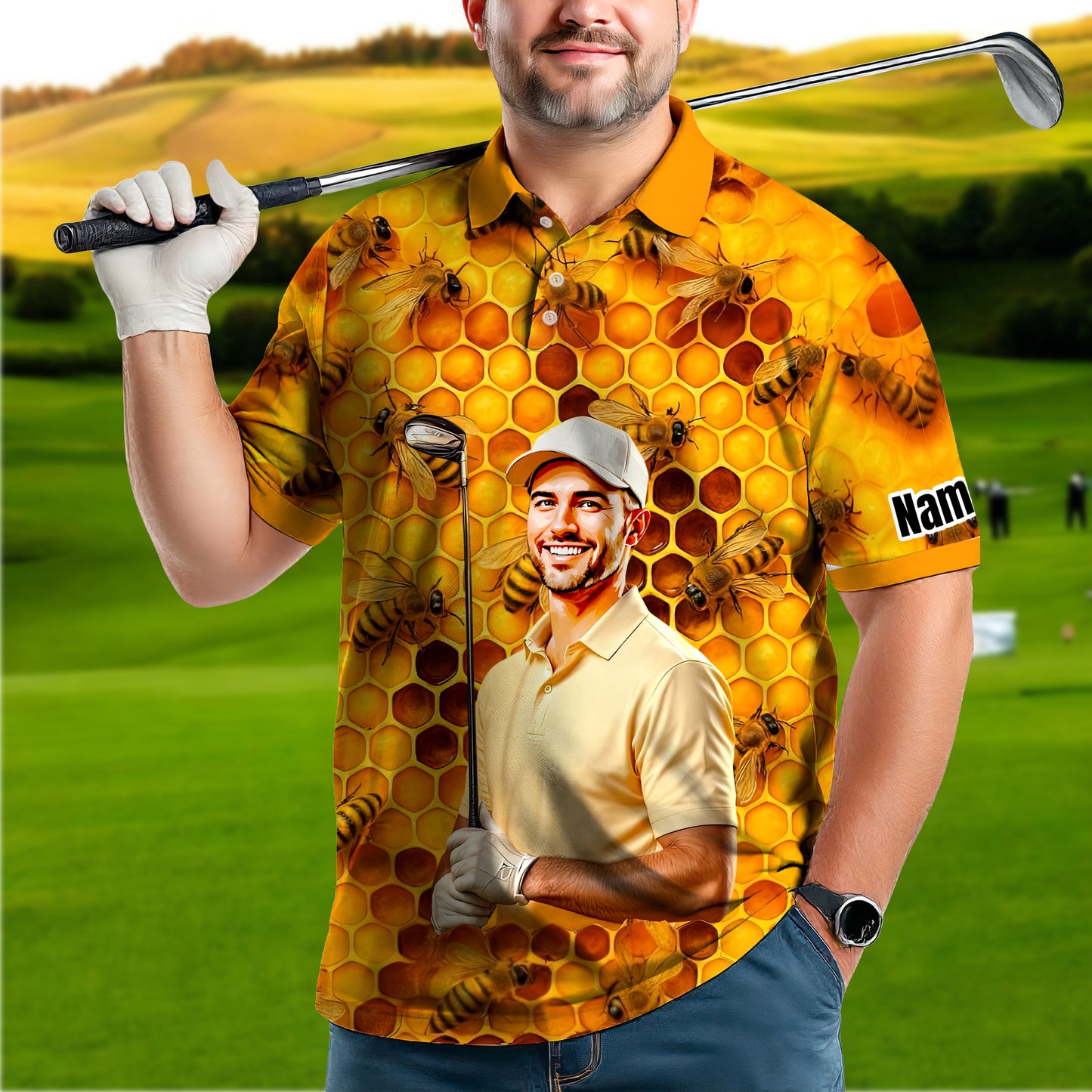 HomyGifts Men's Customized Face Artistic Golf Polo Shirt, Personalized Bee & Honeycomb Polo Shirt with Face, Funny Honey Lover Outfit, Summer Polo for Men Style 2