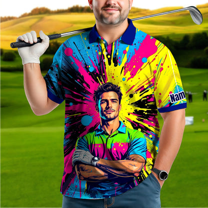 HomyGifts Men's Customized Face Artistic Golf Polo Shirt, Personalized Pop Art Golf Polo, Portrait Gift for Golfers Style 5