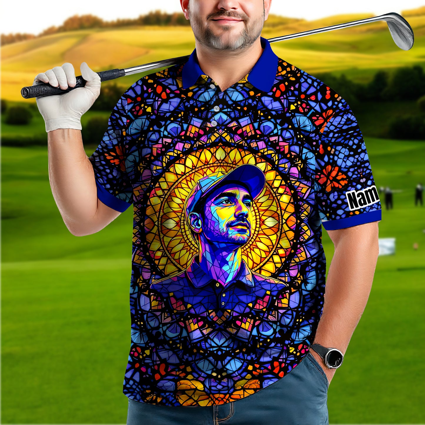 Custom Face Golf Polo Shirt – Personalized Stained Glass Mandala Style Polo, Unique Gift for Men & Women, Vibrant Artistic Golf Shirt, Custom Photo Polo