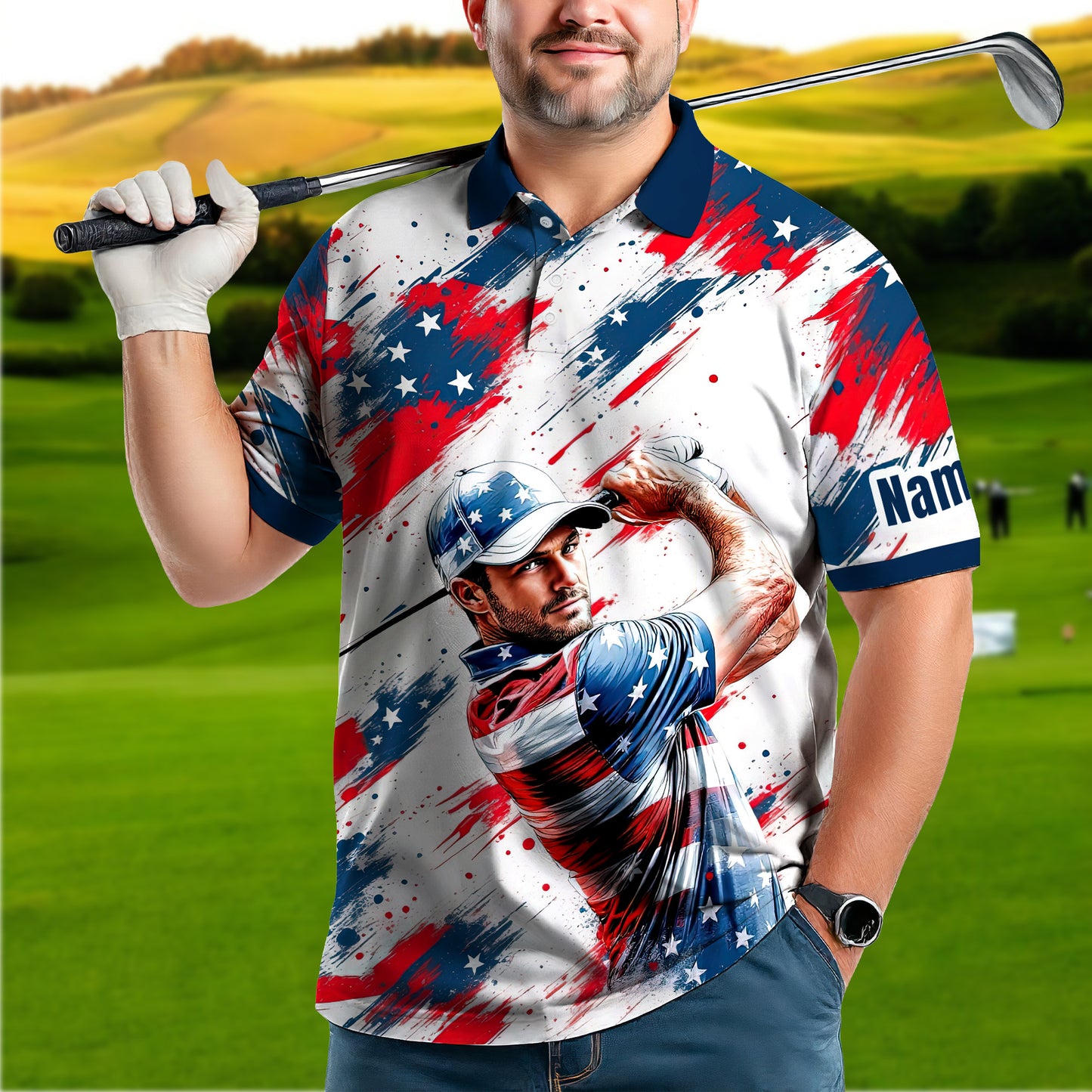HomyGifts Men's Customized Face Artistic Golf Polo Shirt, Personalized American Flag Design, Unique Gift for Patriotic Golfers Style 27