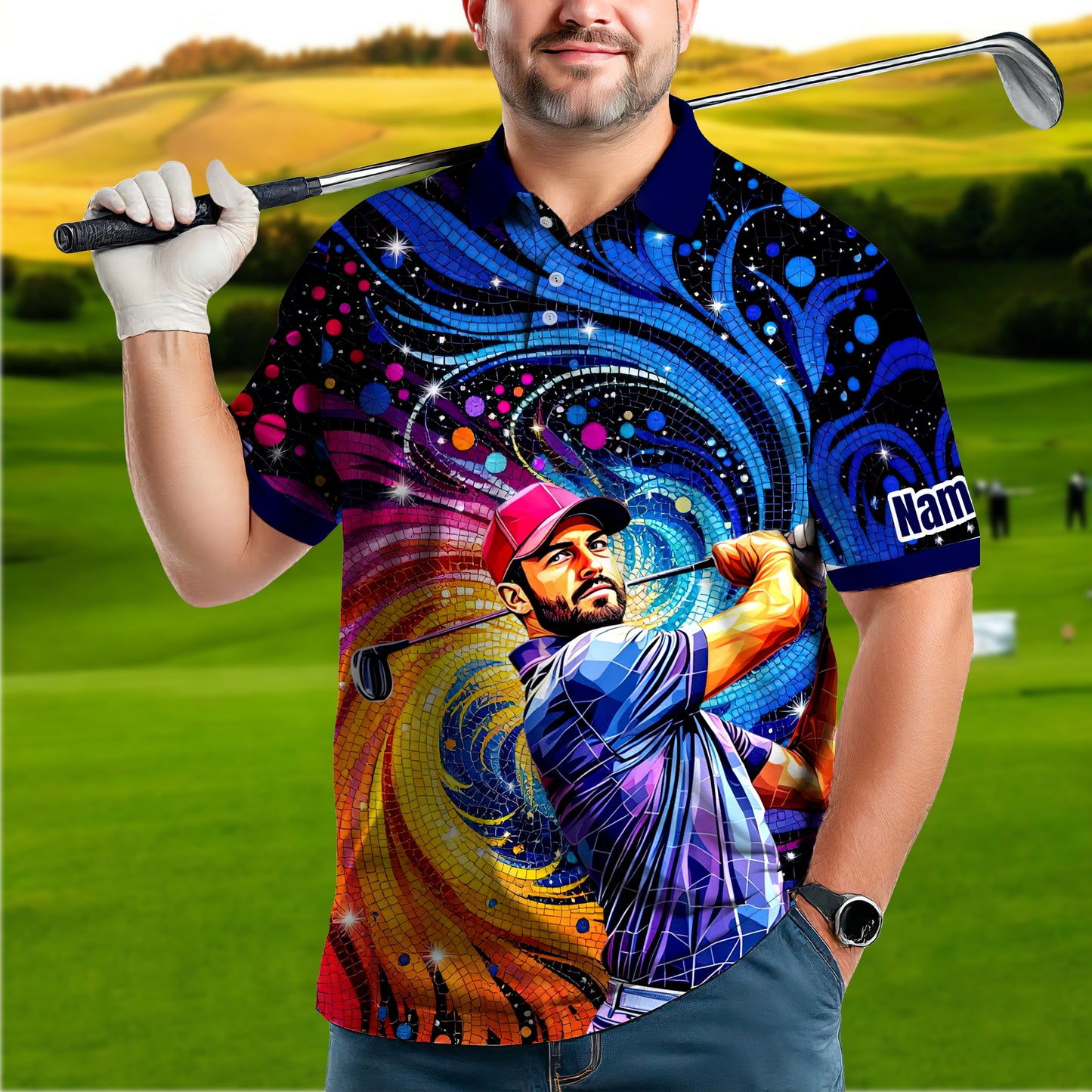 HomyGifts Men's Customized Face Artistic Golf Polo Shirt, Mosaic Art Style, Unique Personalized Golf Polo For Men