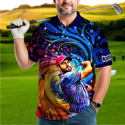 HomyGifts Men's Customized Face Artistic Golf Polo Shirt, Mosaic Art Style, Unique Personalized Golf Polo For Men