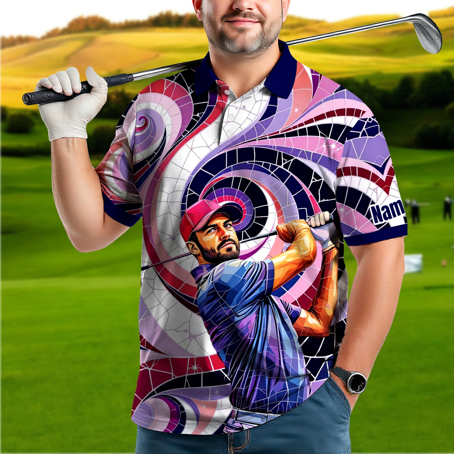 HomyGifts Men's Customized Face Artistic Golf Polo Shirt, Mosaic Art Style, Unique Personalized Golf Polo For Men Style 7