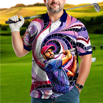 HomyGifts Men's Customized Face Artistic Golf Polo Shirt, Mosaic Art Style, Unique Personalized Golf Polo For Men Style 7